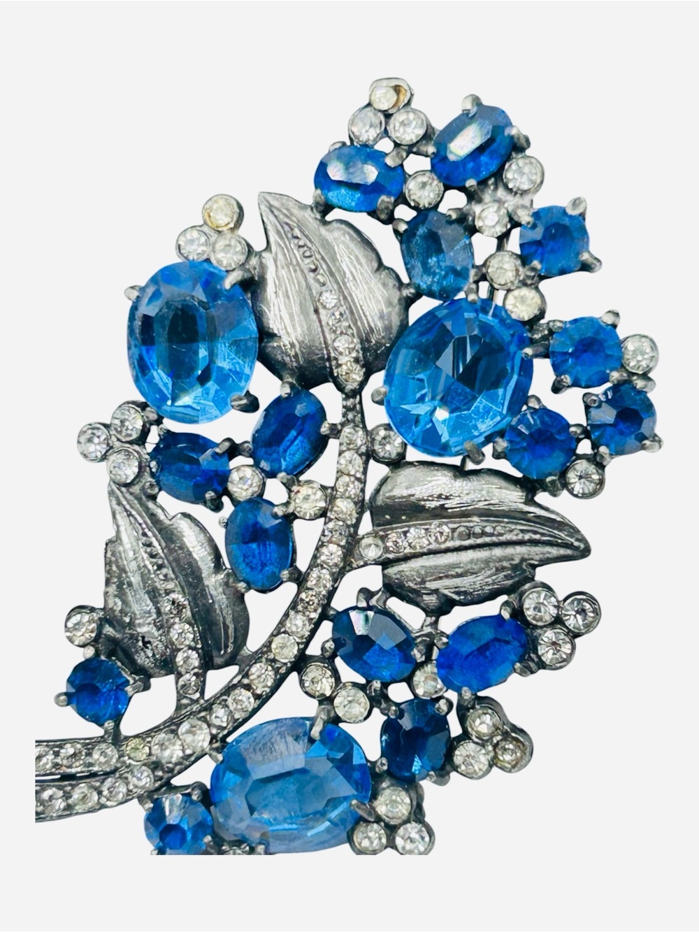 Vintage 1930’s Sapphire Rhinestone Gunmetal Leaf and Flower Pot Metal Brooch - Picture 3 of 6